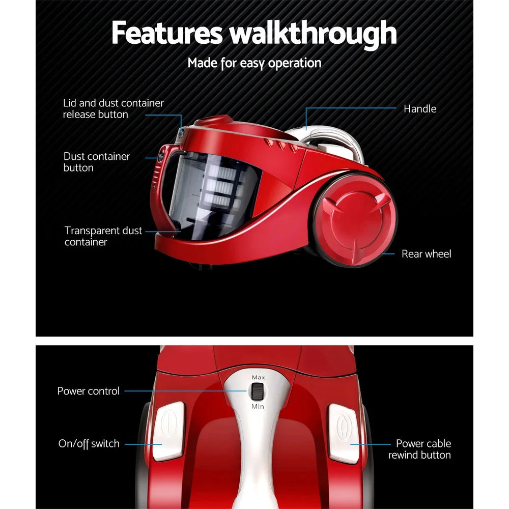 Bagless Vacuum Cleaner Cyclonic 2200W, HEPA Filter Home Office Car, Red