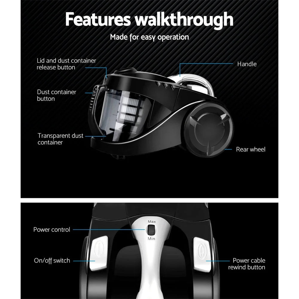 Bagless Vacuum Cleaner Cyclonic 2200W Home Office Car Black