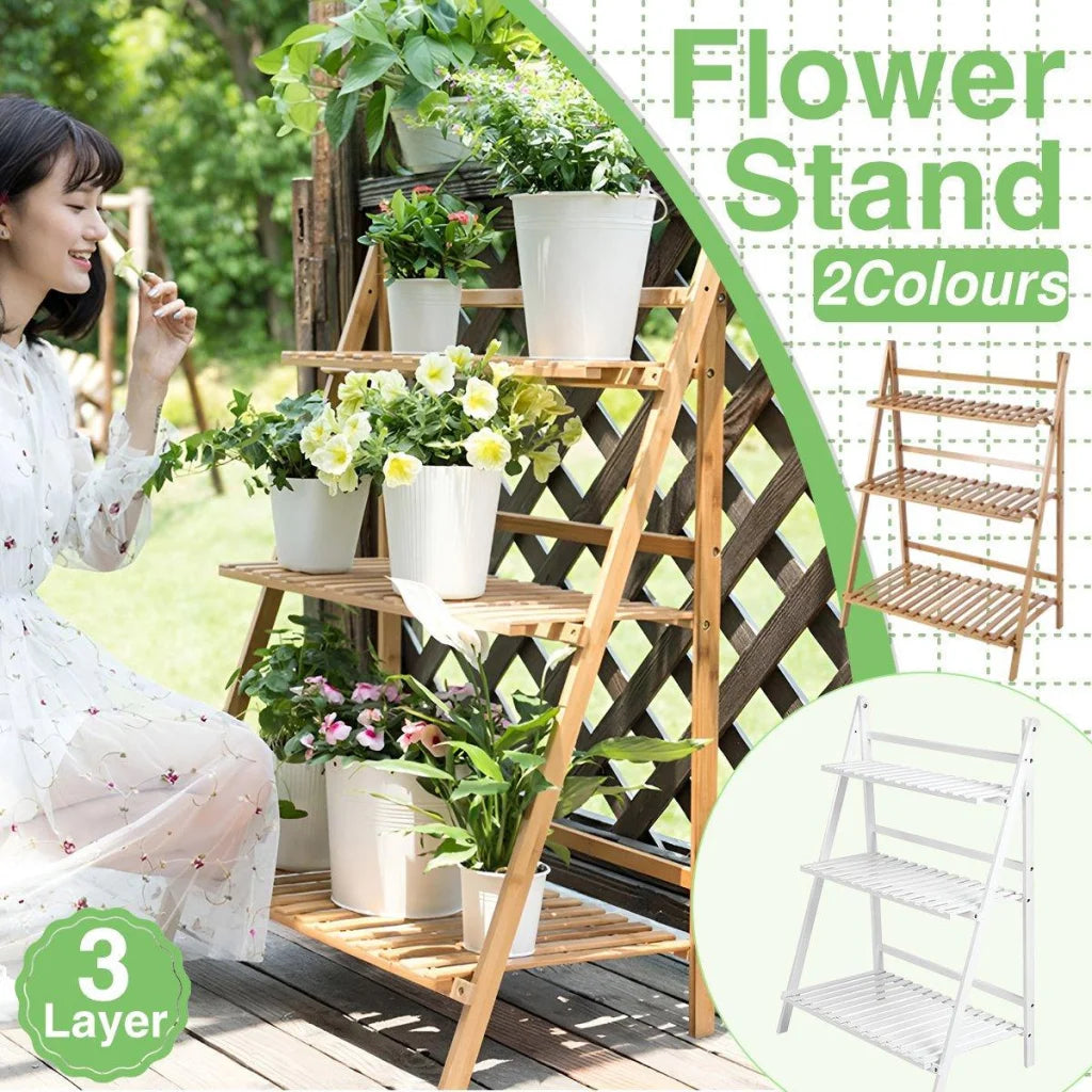 Balcony Plant Stand 3-Layer Wooden Flower Pot Corner Stand