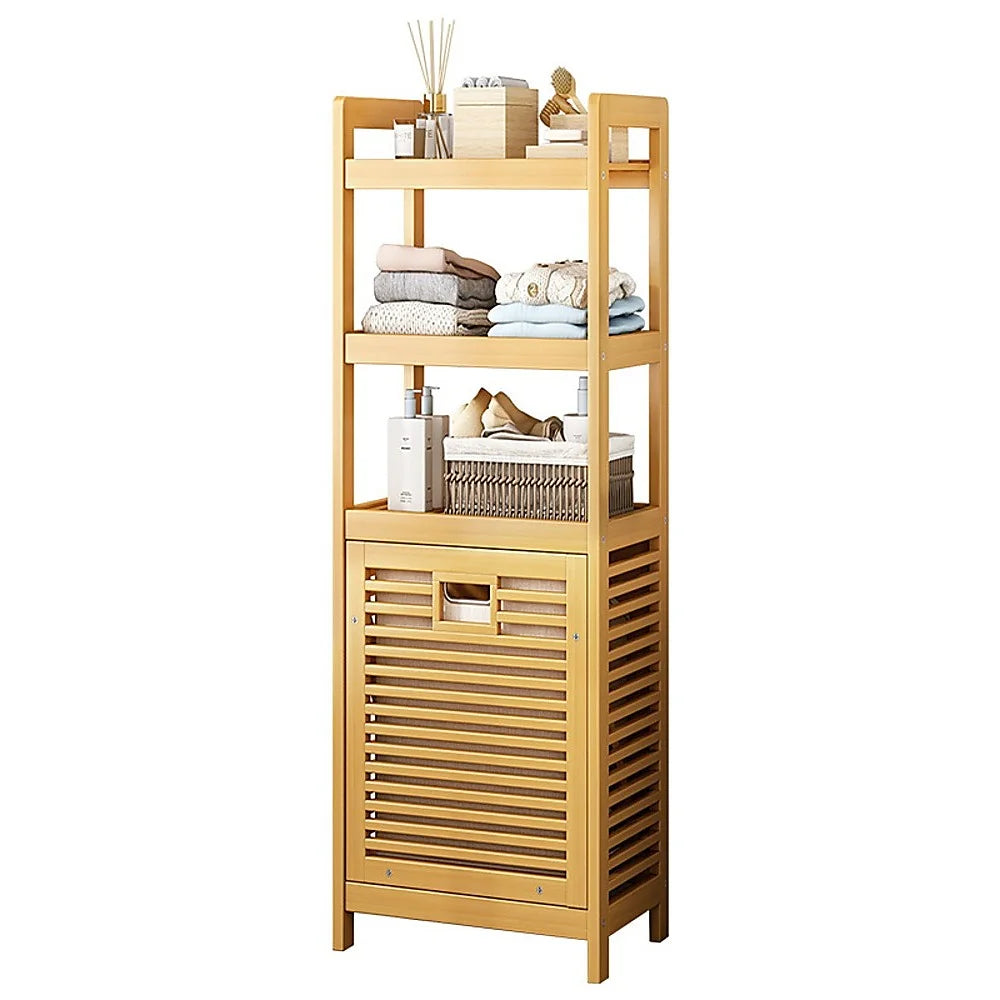 Bamboo laundry hamper with divided clothes hamper and bamboo top rail