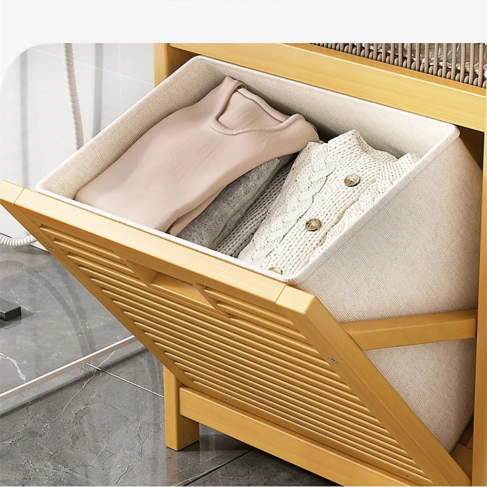Bamboo laundry hamper with fabric compartments and carry handles