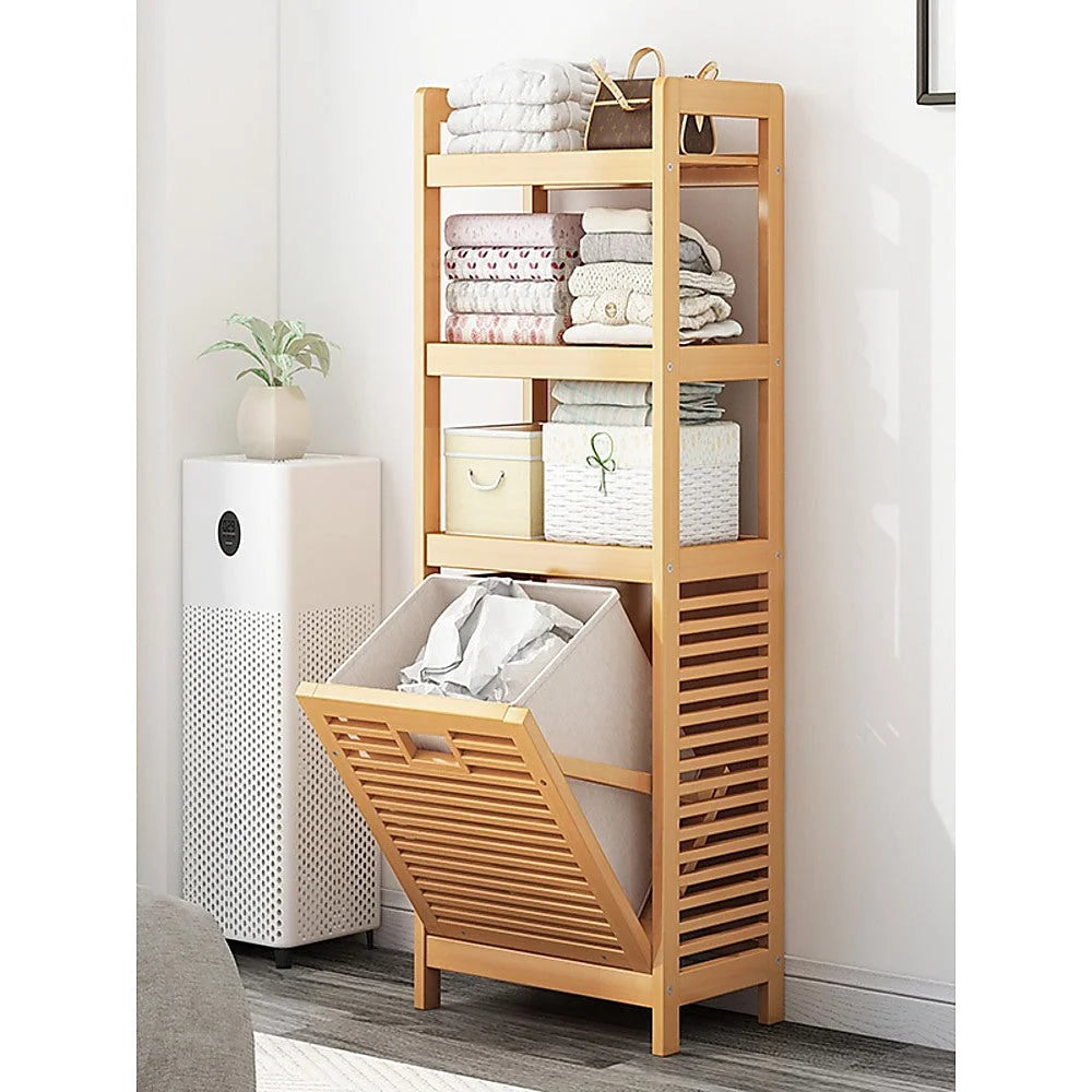 Bamboo laundry hamper with woven laundry basket and lift-out liner
