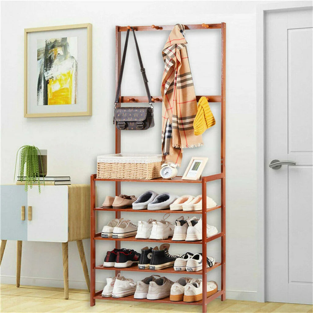 Bamboo 5-Tier Hat Coat Shoe Rack Entryway Bench Hanger