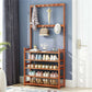 Bamboo storage rack with tiered shelves and metal supports