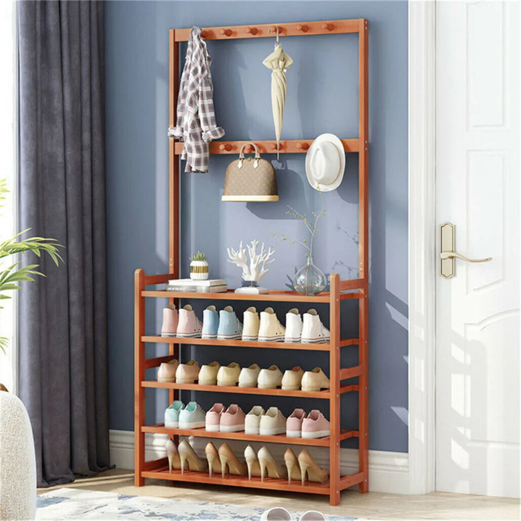 Bamboo 5-Tier Hat Coat Shoe Rack Entryway Bench Hanger