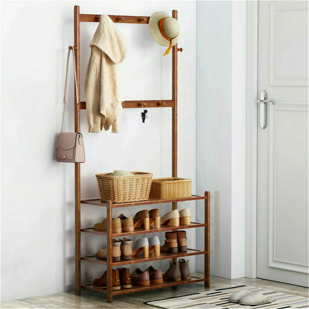 Bamboo 5-Tier Hat Coat Shoe Rack Entryway Bench Hanger