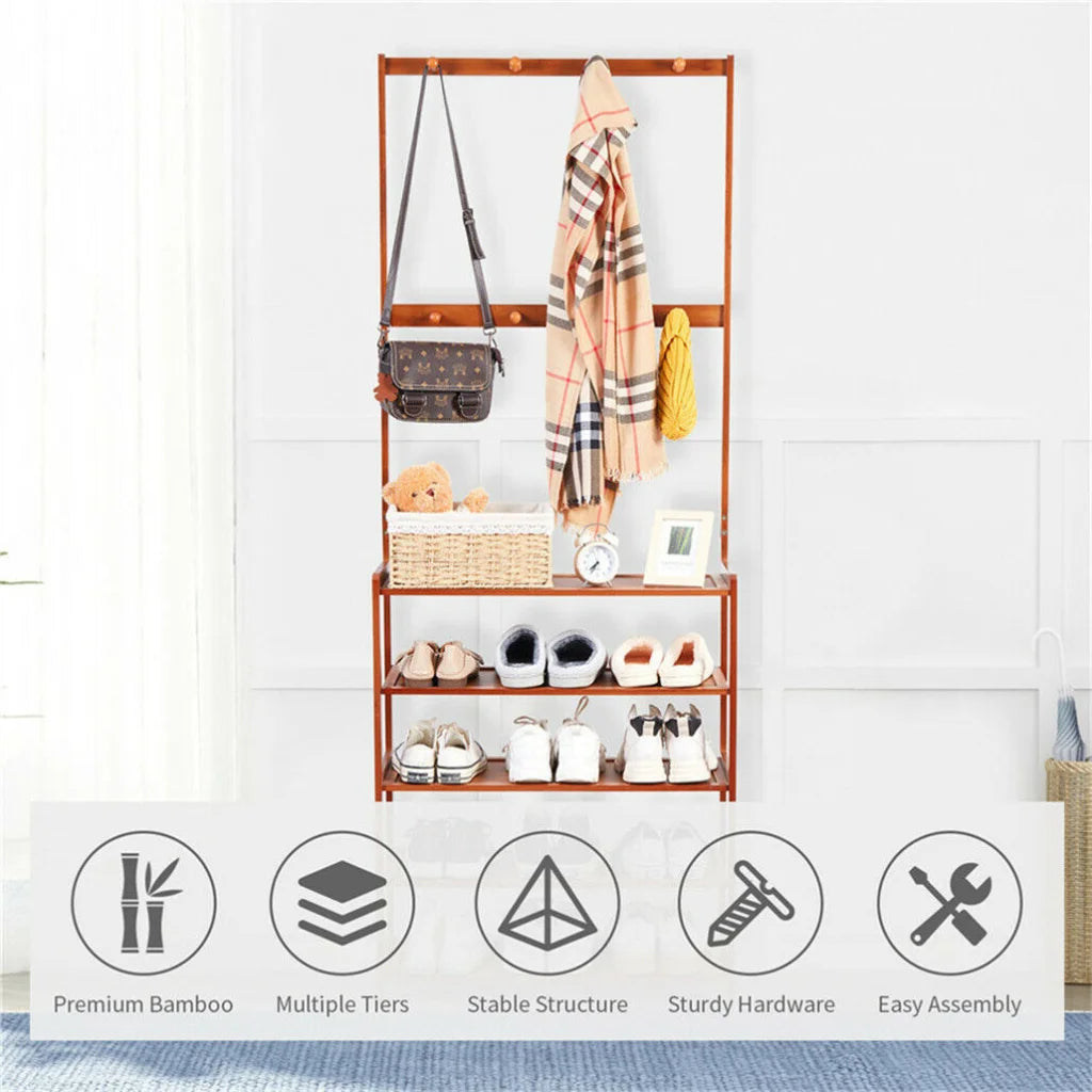 Bamboo 5-Tier Hat Coat Shoe Rack Entryway Bench Hanger