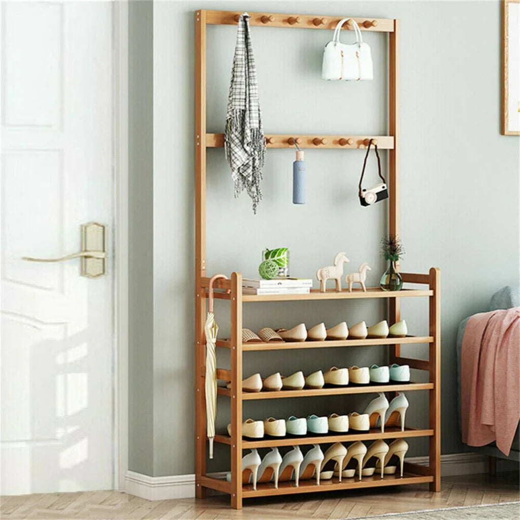 Bamboo 5-Tier Hat Coat Shoe Rack Entryway Bench Hanger