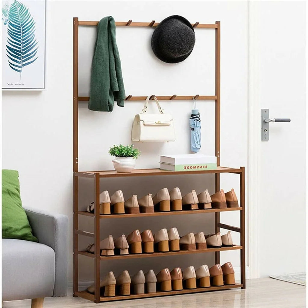 Bamboo 5-Tier Hat Coat Shoe Rack Entryway Bench Hanger