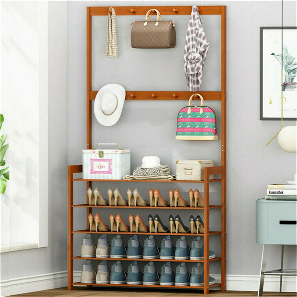 Bamboo 5-Tier Hat Coat Shoe Rack Entryway Bench Hanger