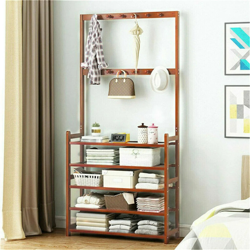Bamboo 5-Tier Hat Coat Shoe Rack Entryway Bench Hanger