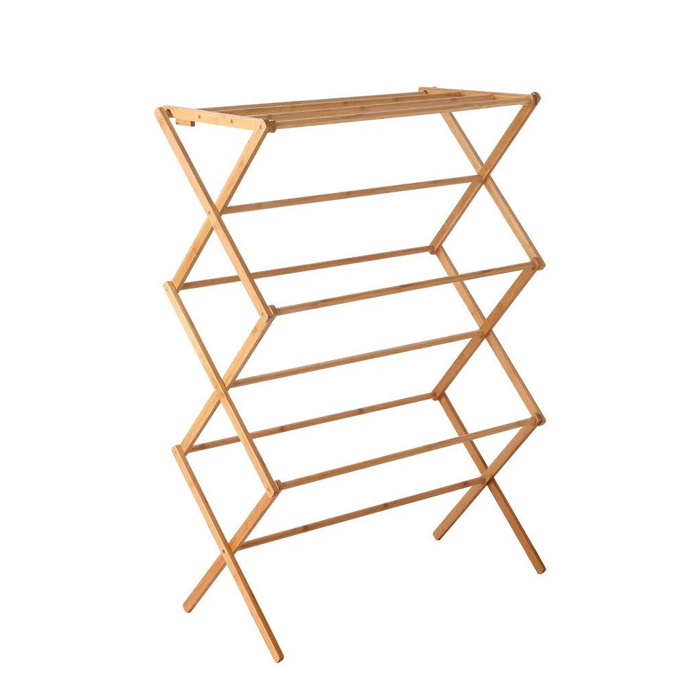 Bamboo towel rack with clothes dry foldable hanger