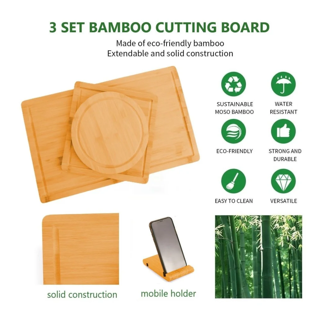 Bamboo Cutting Board 3 Pieces with Juice Groove and Mobile