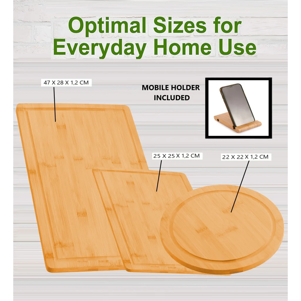 Bamboo Cutting Board 3 Pieces with Juice Groove and Mobile