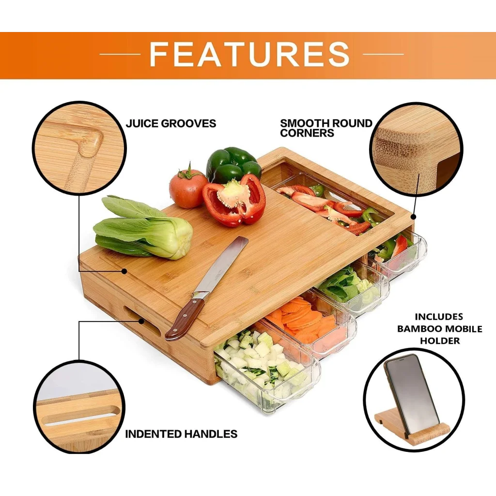 Bamboo Cutting Board Large with 4 Containers and Mobile