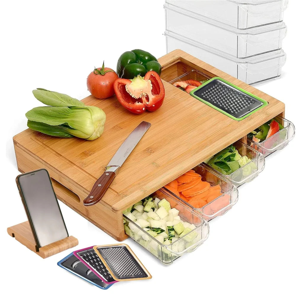 Bamboo Cutting Board Large with 4 Containers and Mobile