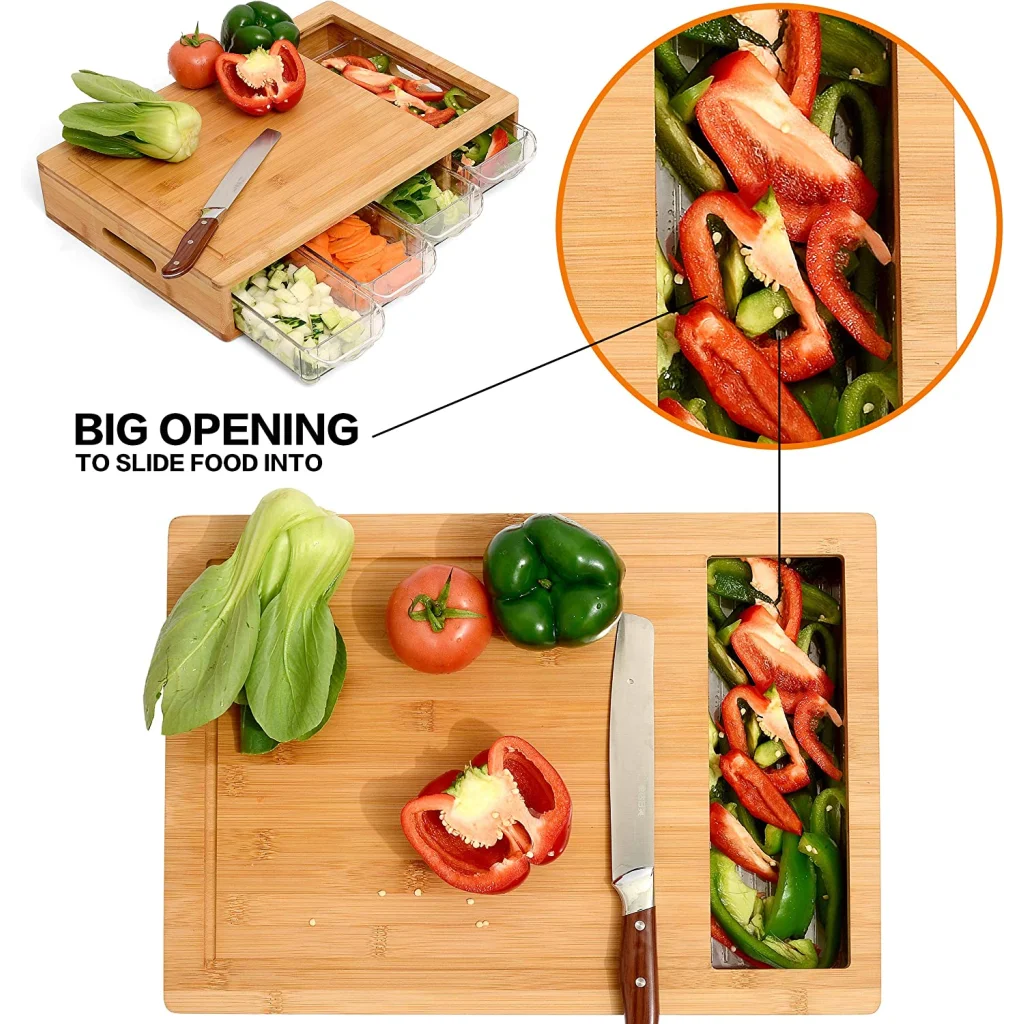 Bamboo Cutting Board Large with 4 Containers and Mobile