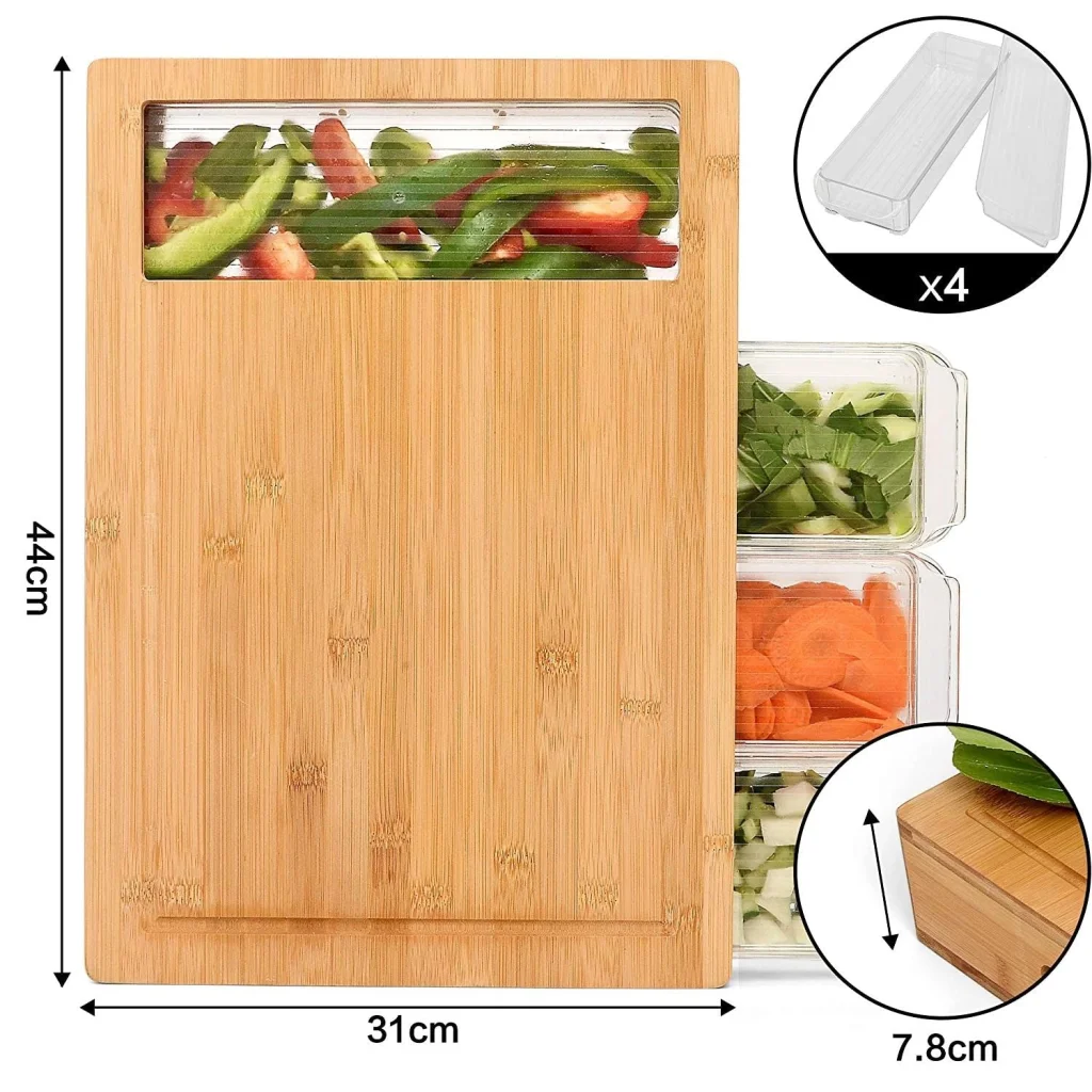 Bamboo Cutting Board Large with 4 Containers and Mobile