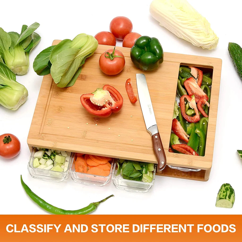 Bamboo Cutting Board Large with 4 Containers and Mobile