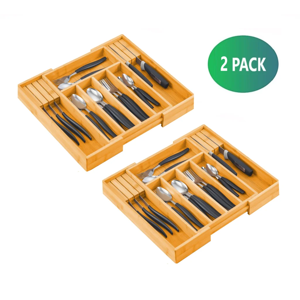 Bamboo Expandable Drawer Organizer with Knife Block Holder