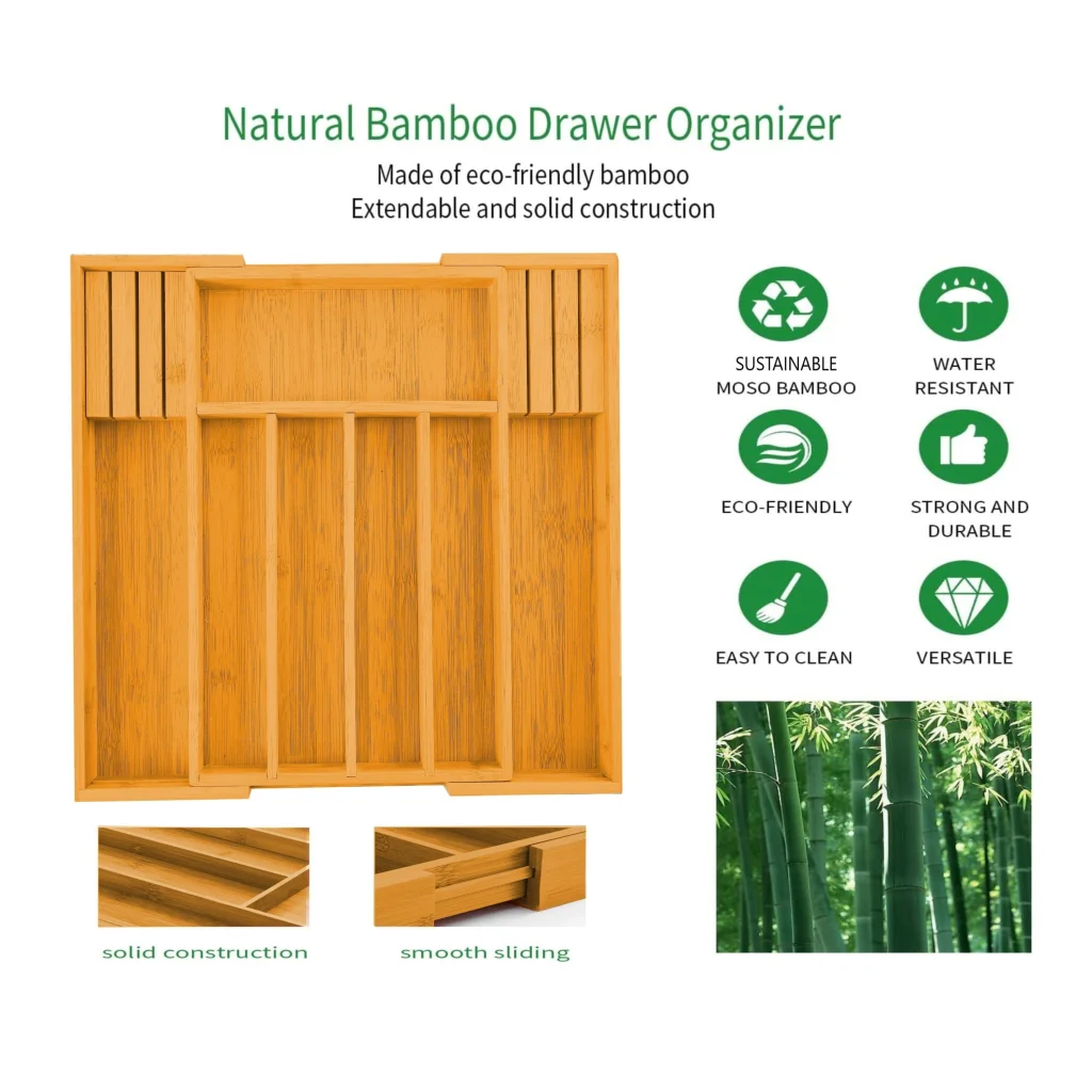 Bamboo Expandable Drawer Organizer with Knife Block Holder