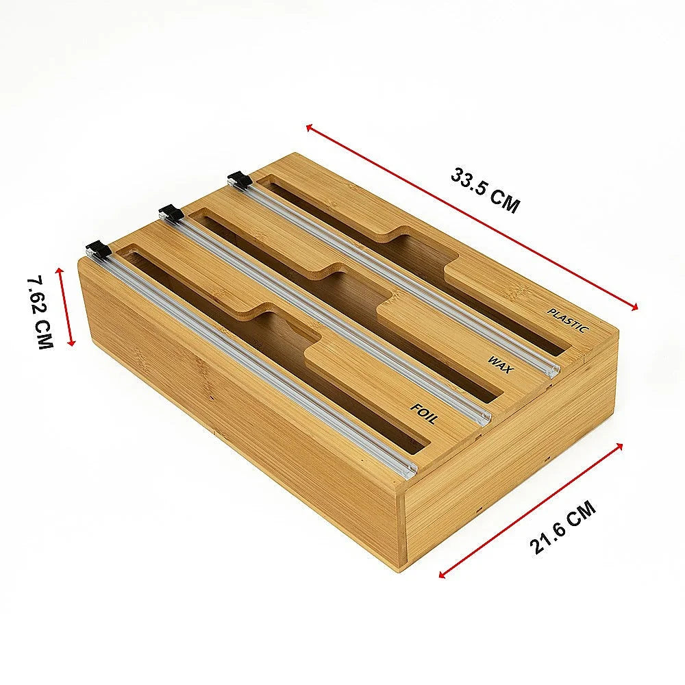 Bamboo Food Wrap Dispenser Cutter 3 Grids Foil Cling Film