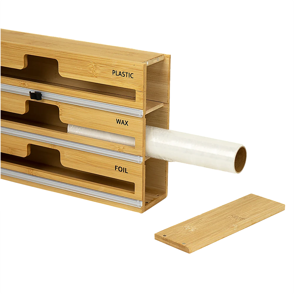 Bamboo Food Wrap Dispenser Cutter 3 Grids Foil Cling Film