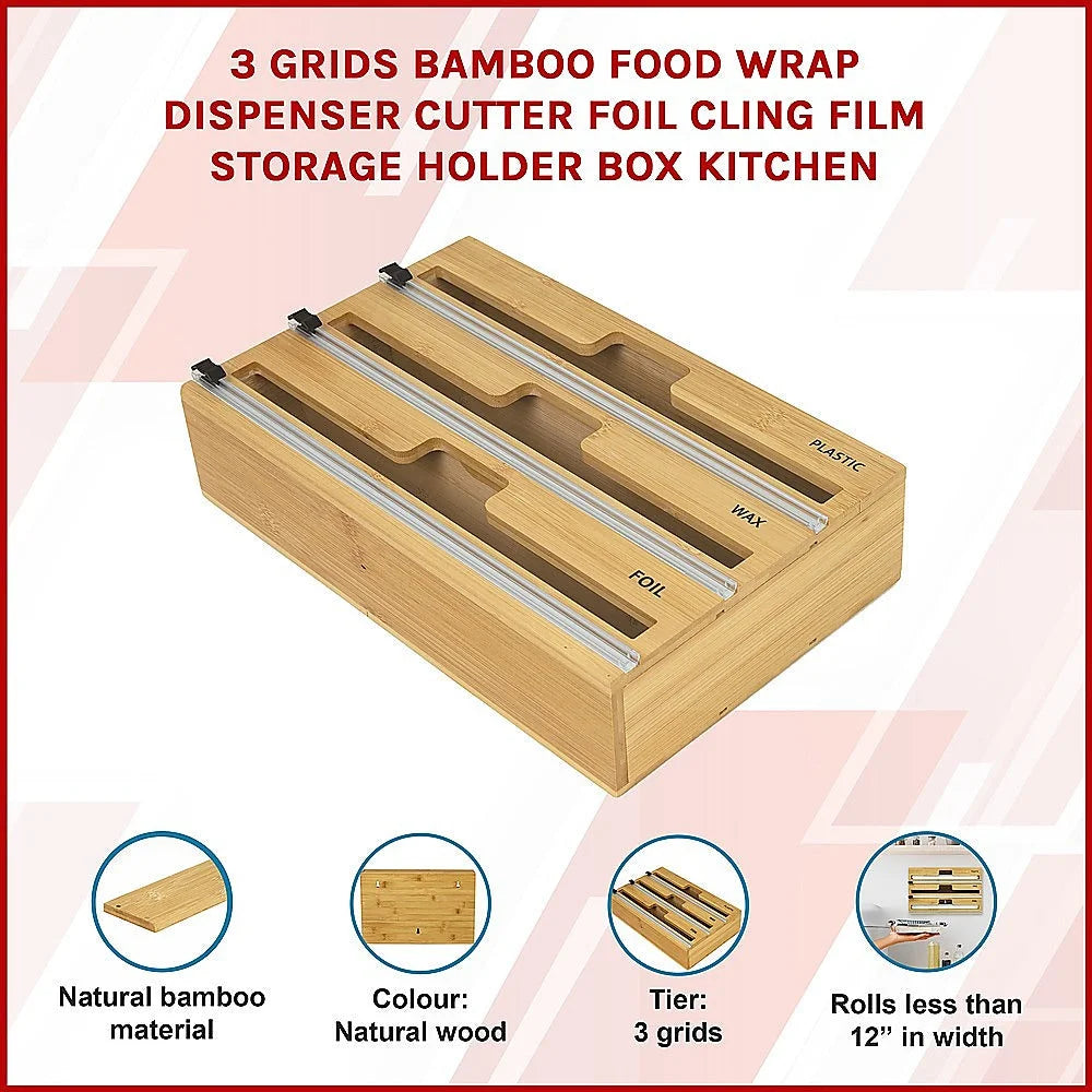 Bamboo Food Wrap Dispenser Cutter 3 Grids Foil Cling Film
