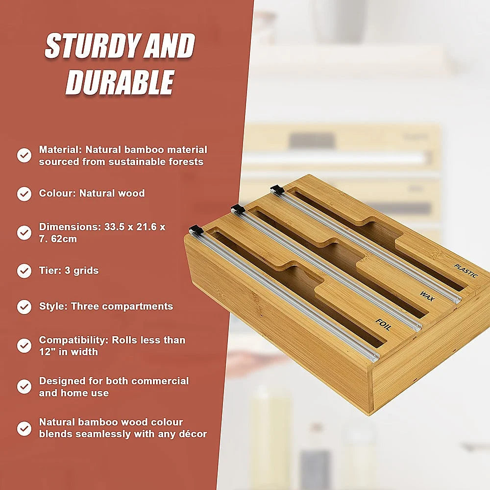 Bamboo Food Wrap Dispenser Cutter 3 Grids Foil Cling Film