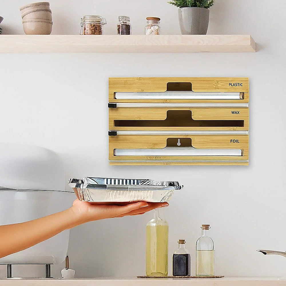 Bamboo Food Wrap Dispenser Cutter 3 Grids Foil Cling Film