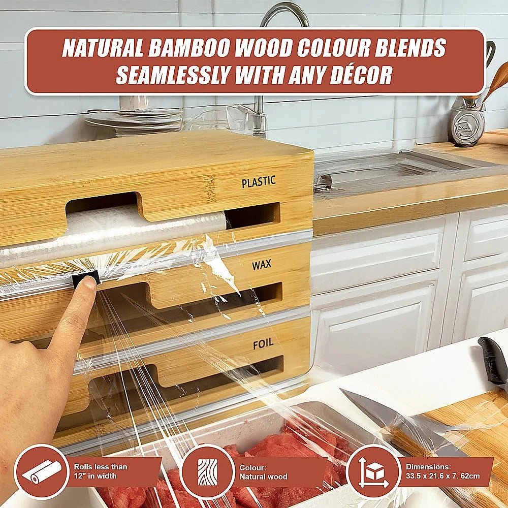 Bamboo Food Wrap Dispenser Cutter 3 Grids Foil Cling Film