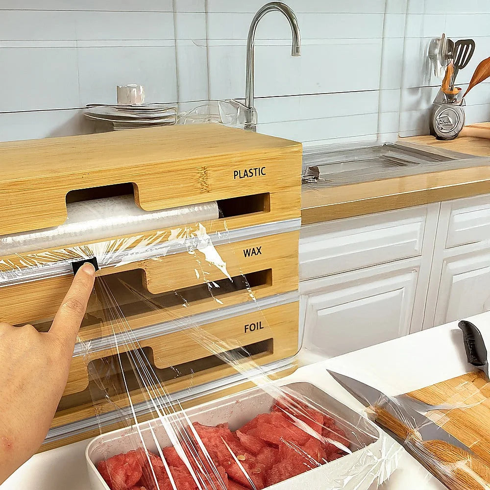 Bamboo Food Wrap Dispenser Cutter 3 Grids Foil Cling Film