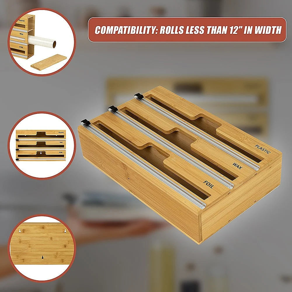 Bamboo Food Wrap Dispenser Cutter 3 Grids Foil Cling Film