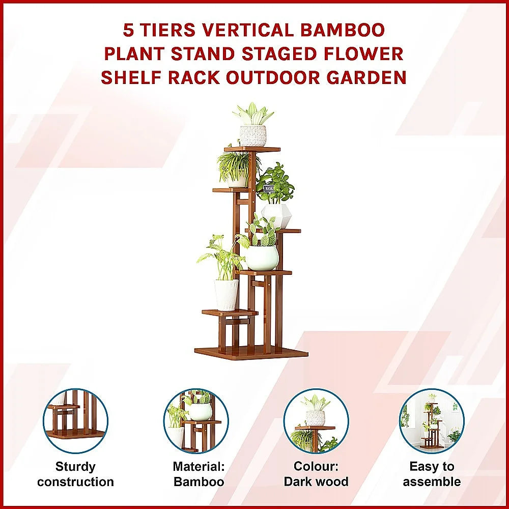 Bamboo Plant Stand 5 Tiers Vertical - Staged Flower Shelf