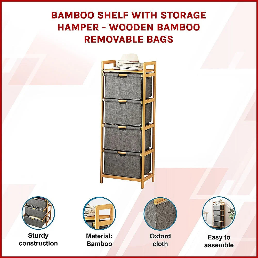 Bamboo Shelf with Storage Hamper - Wooden Bamboo Removable