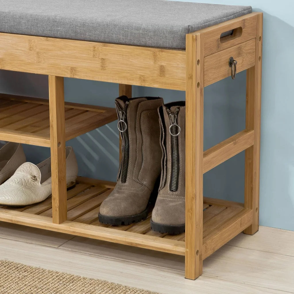 Bamboo Shoe Bench Drawers Lift Top - Furniture > Living