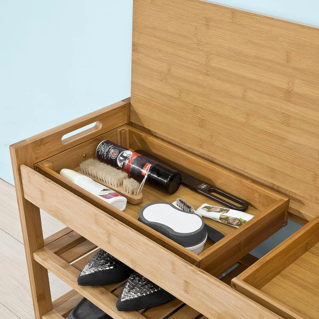 Bamboo Shoe Bench Drawers Lift Top - Furniture > Living