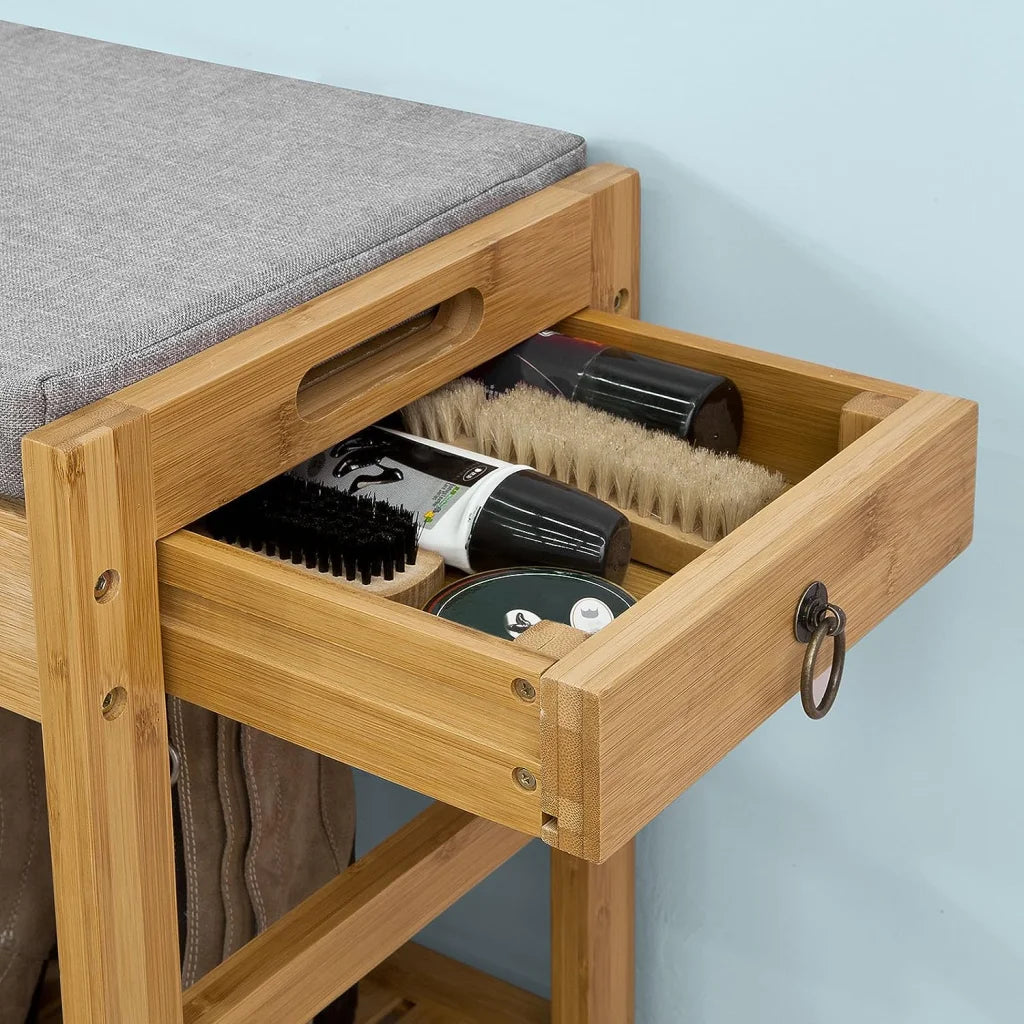 Bamboo Shoe Bench Drawers Lift Top - Furniture > Living