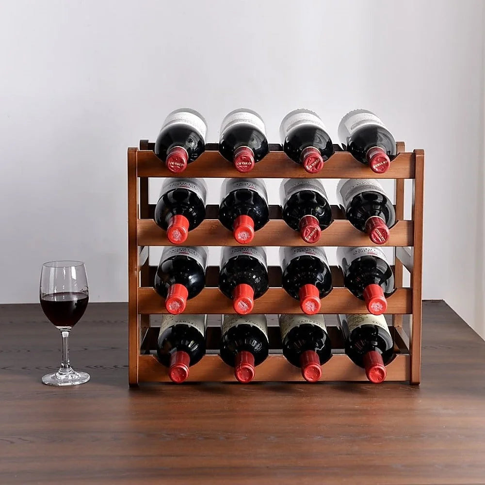 Bamboo stackable modular freestanding with tiered shelves and metal supports