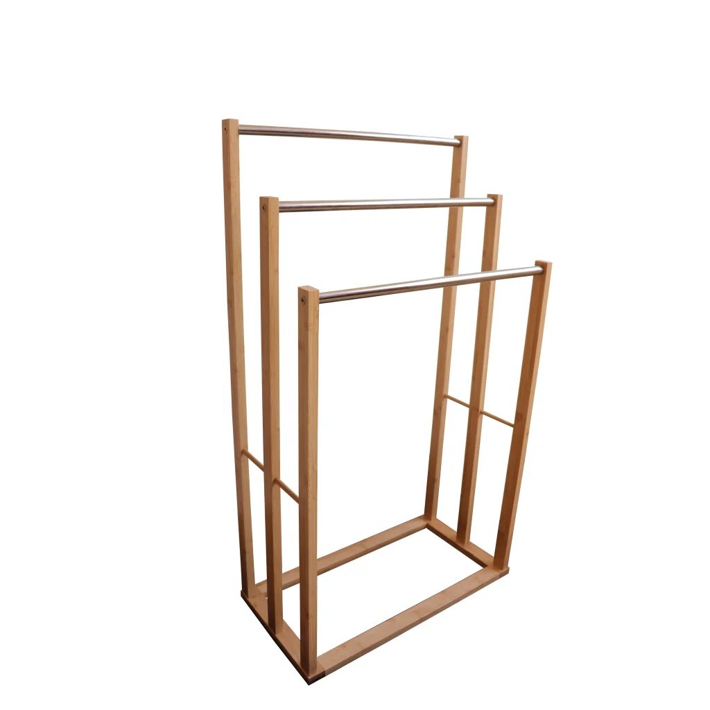 Bamboo metal storage rack with open shelves and sturdy frame