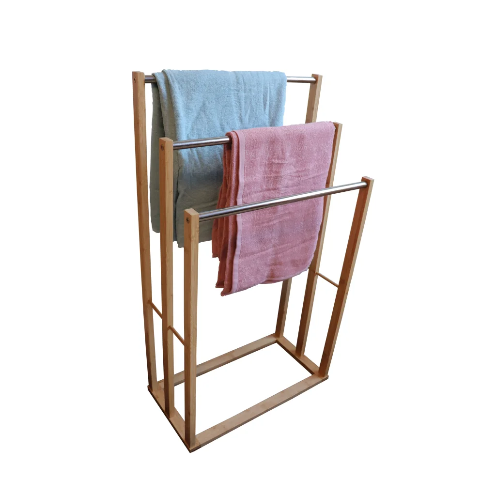 Bamboo metal storage rack shown in room setting