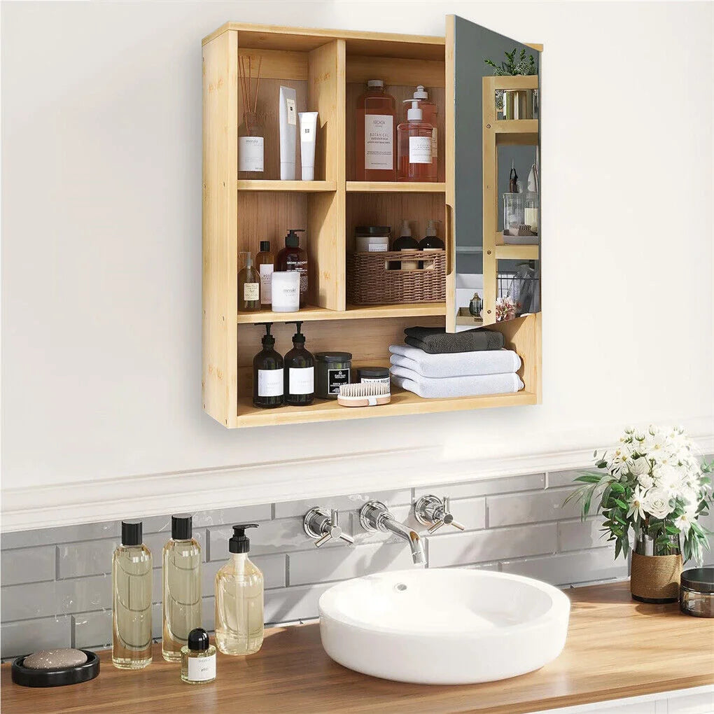 Bamboo Wall Medicine Cabinet Mirror 55.5cm 5 Shelf