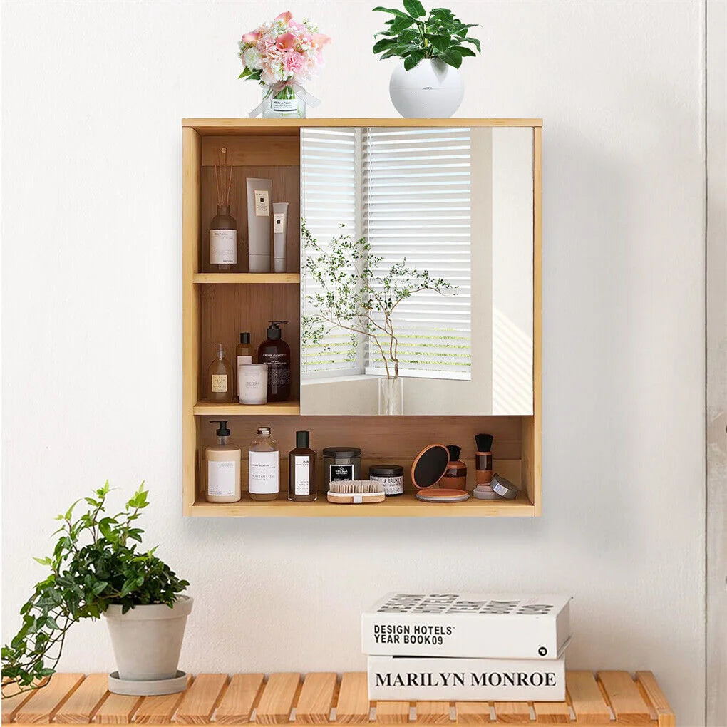 Bamboo Wall Medicine Cabinet Mirror 55.5cm 5 Shelf