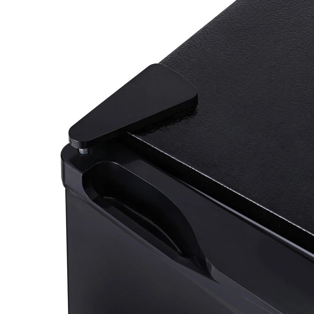 Black 110l bar fridge devanti with caster wheels and side handle rail