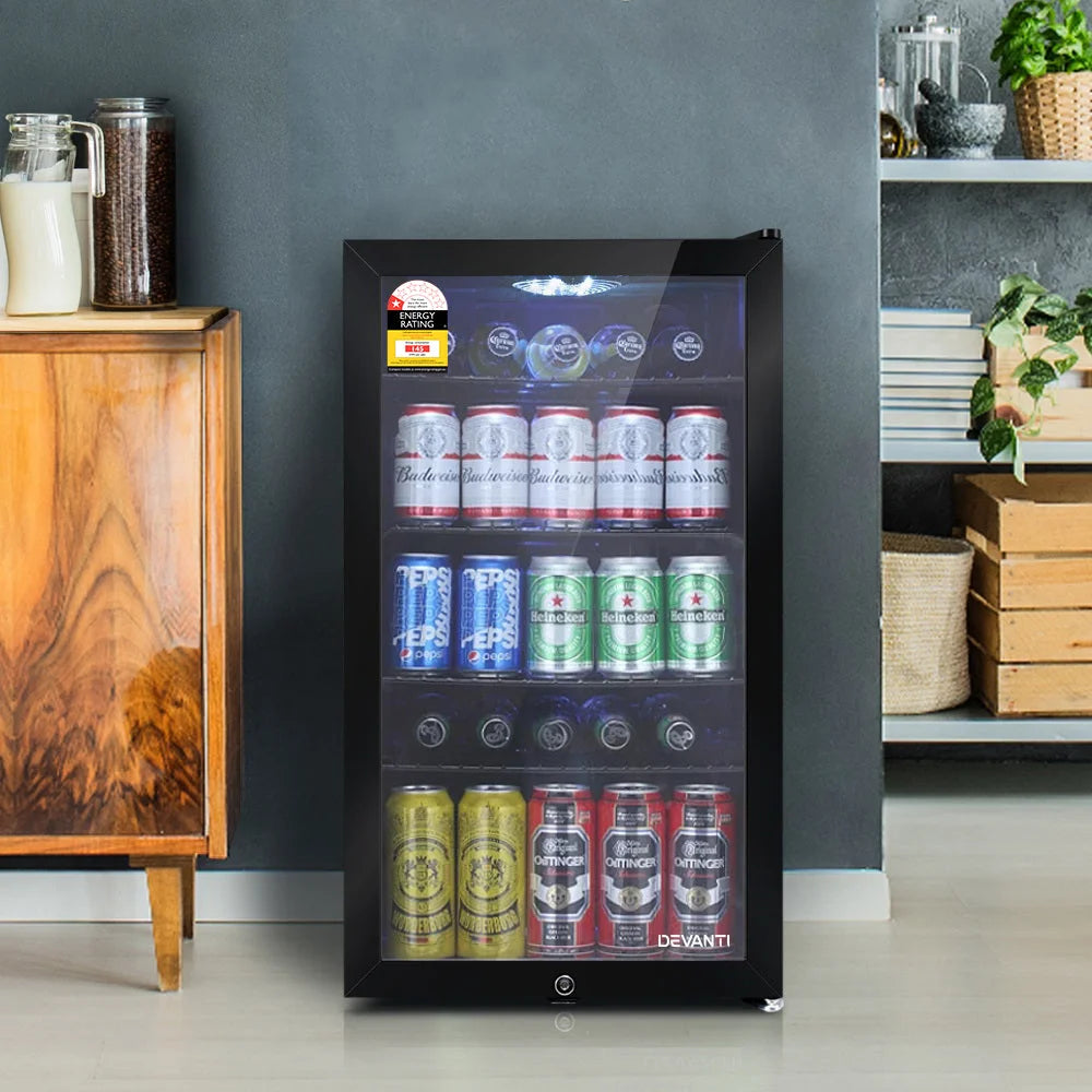 Glass 98l mini bar fridge for chilled drinks and small kitchen storage