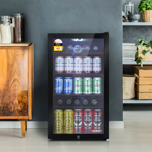 Glass 98l mini bar fridge for chilled drinks and small kitchen storage