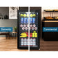 Mini bar fridge with black door and internal shelf area