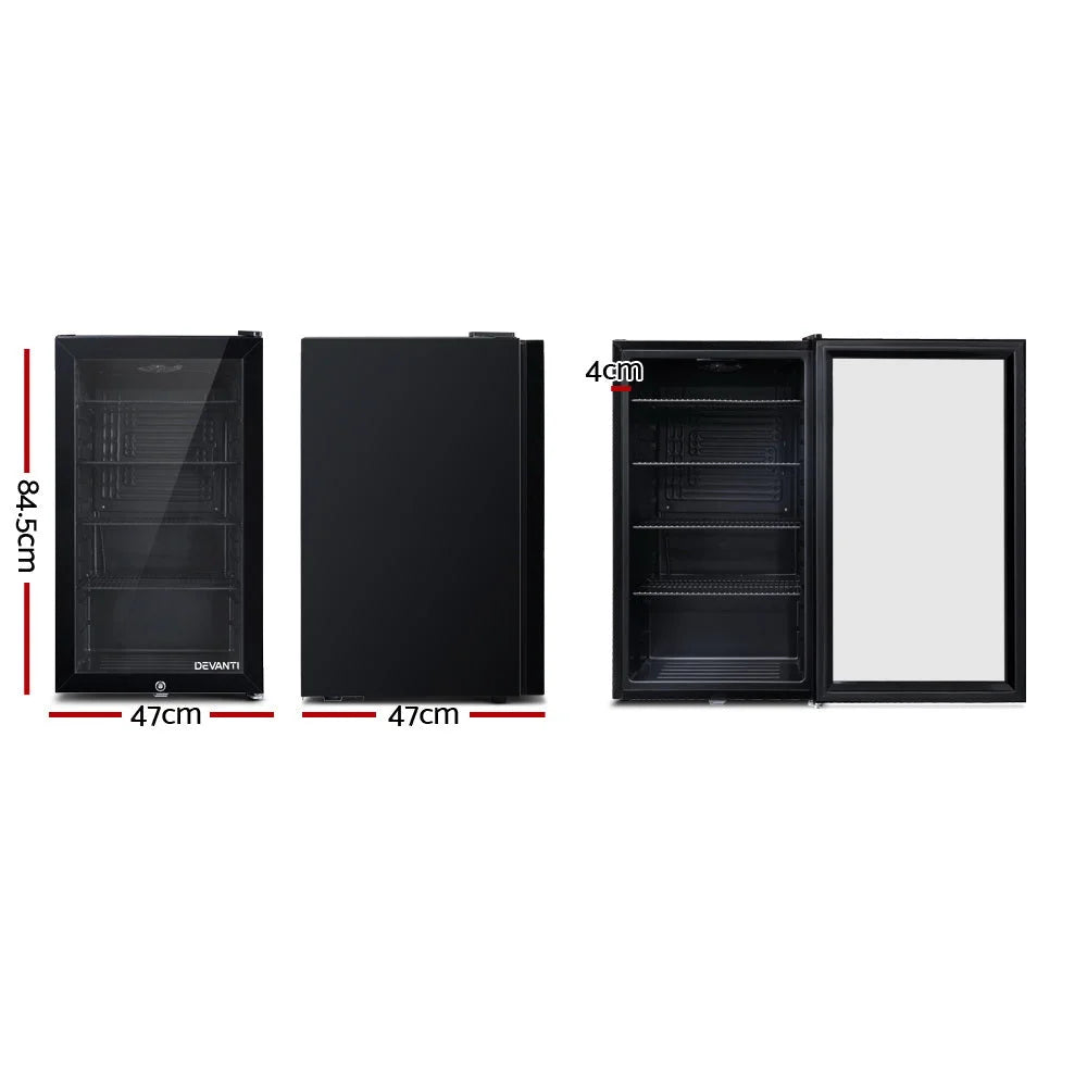 Glass 98l mini bar fridge for office snacks and chilled cans