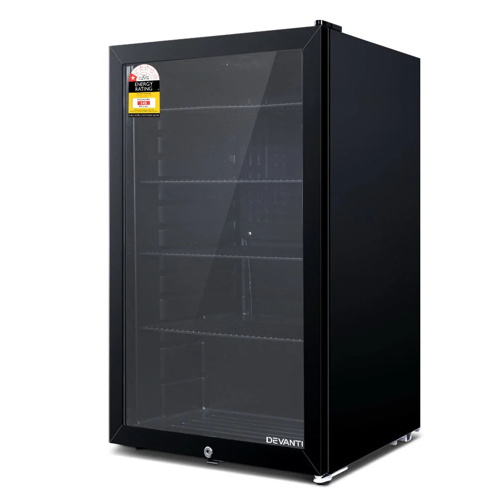 Glass 98l mini bar fridge for compact drinks storage in workspaces