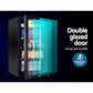 Glass 98l mini bar fridge with black door and internal shelf area